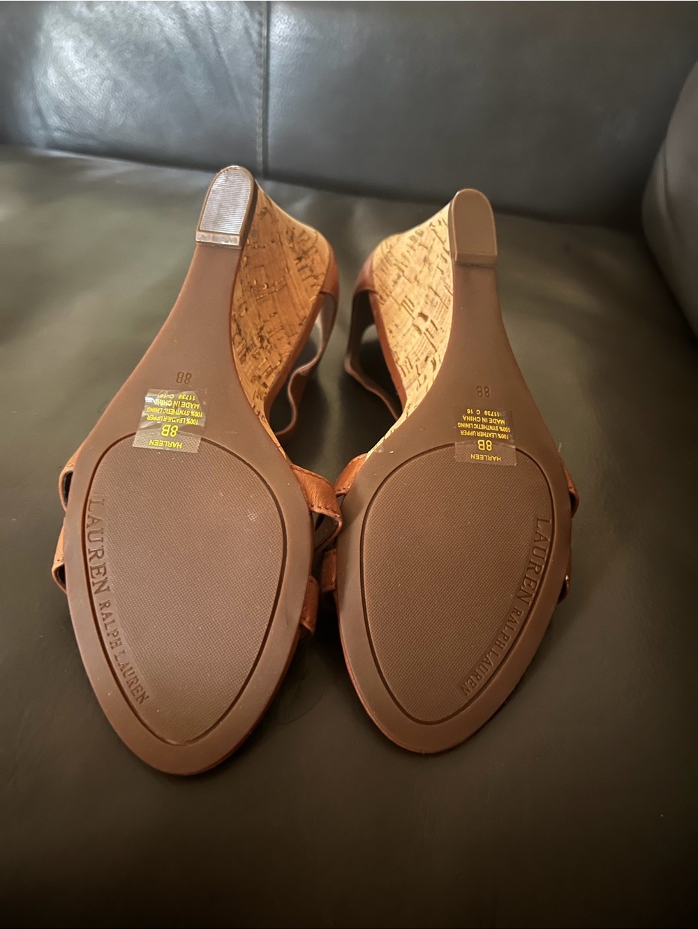 (NEW) Lauren Ralph Lauren Brown Leather Wedge Sandal Size 8 B